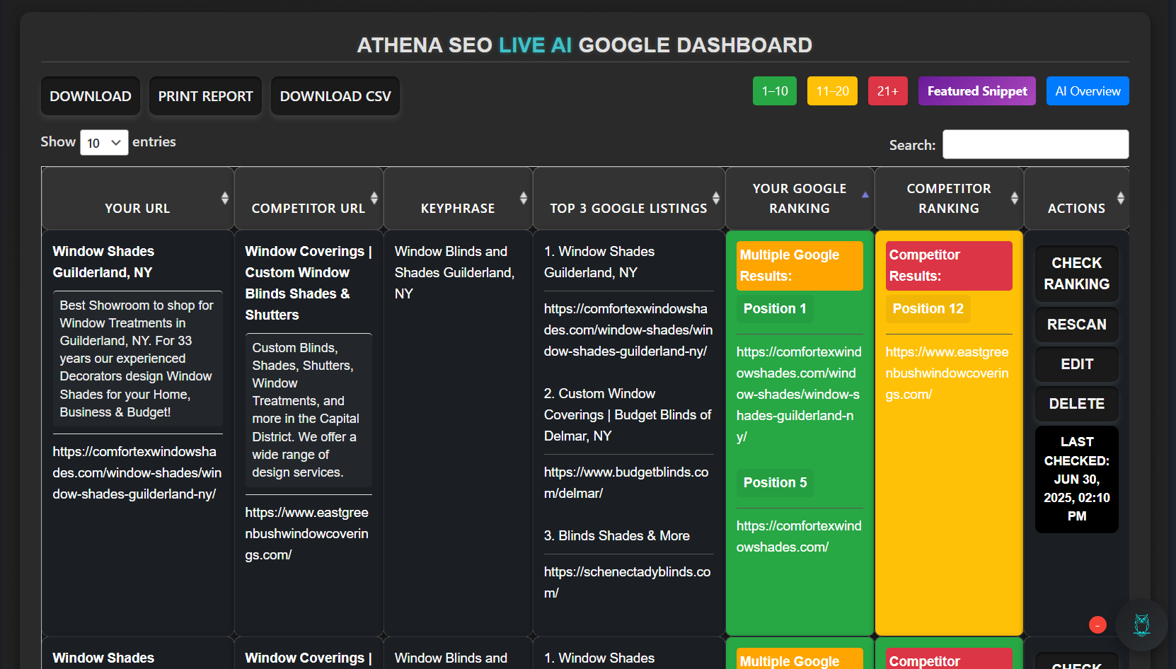Comfortex Window Shades Athena SEO Live Google AI Overview Dashboard Rankings