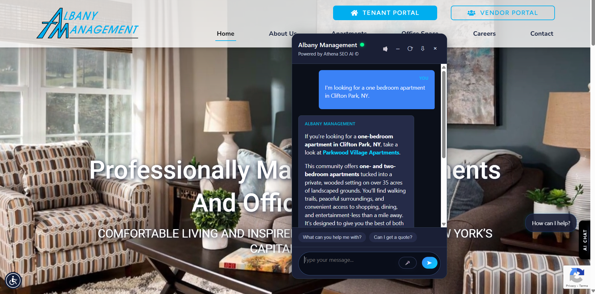 Albany Management Residential and Commercial Real Estate Athena AI Chat Agent